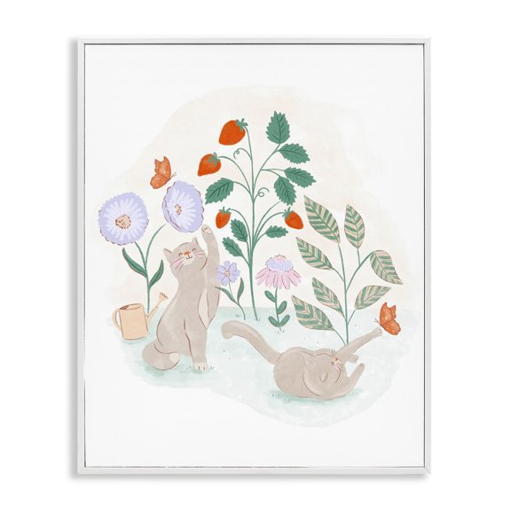 Stupell Industries Cats Playing in Garden Animals & Insects Painting White Framed Art Print Wall Art, 24 x 30