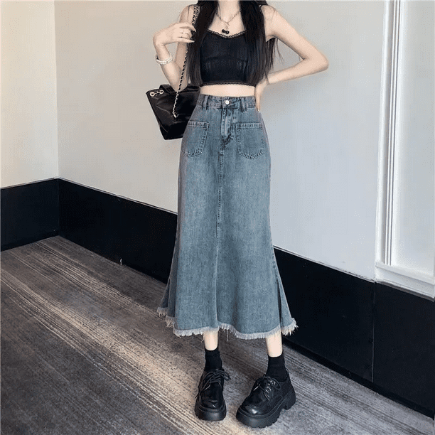 Falda de cola de pez azul de cintura alta en forma de A para mujer, vestido versátil de largo medio con flecos vintage que cubre la cadera y de mezclilla a la moda