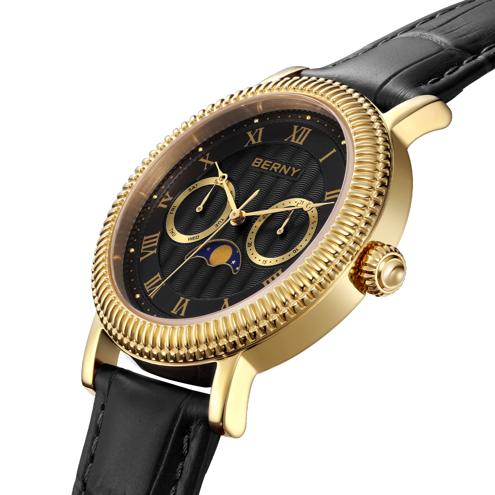 BERNY Mens Leather Watch, Vintage Roman Numerals Moon Phase Dress Watch with Day & Date, Stainless Steel, Sapphire Crystal, Waterproof, Fashion Luxury Analog Quartz Wrist Watches for Men (Gold)