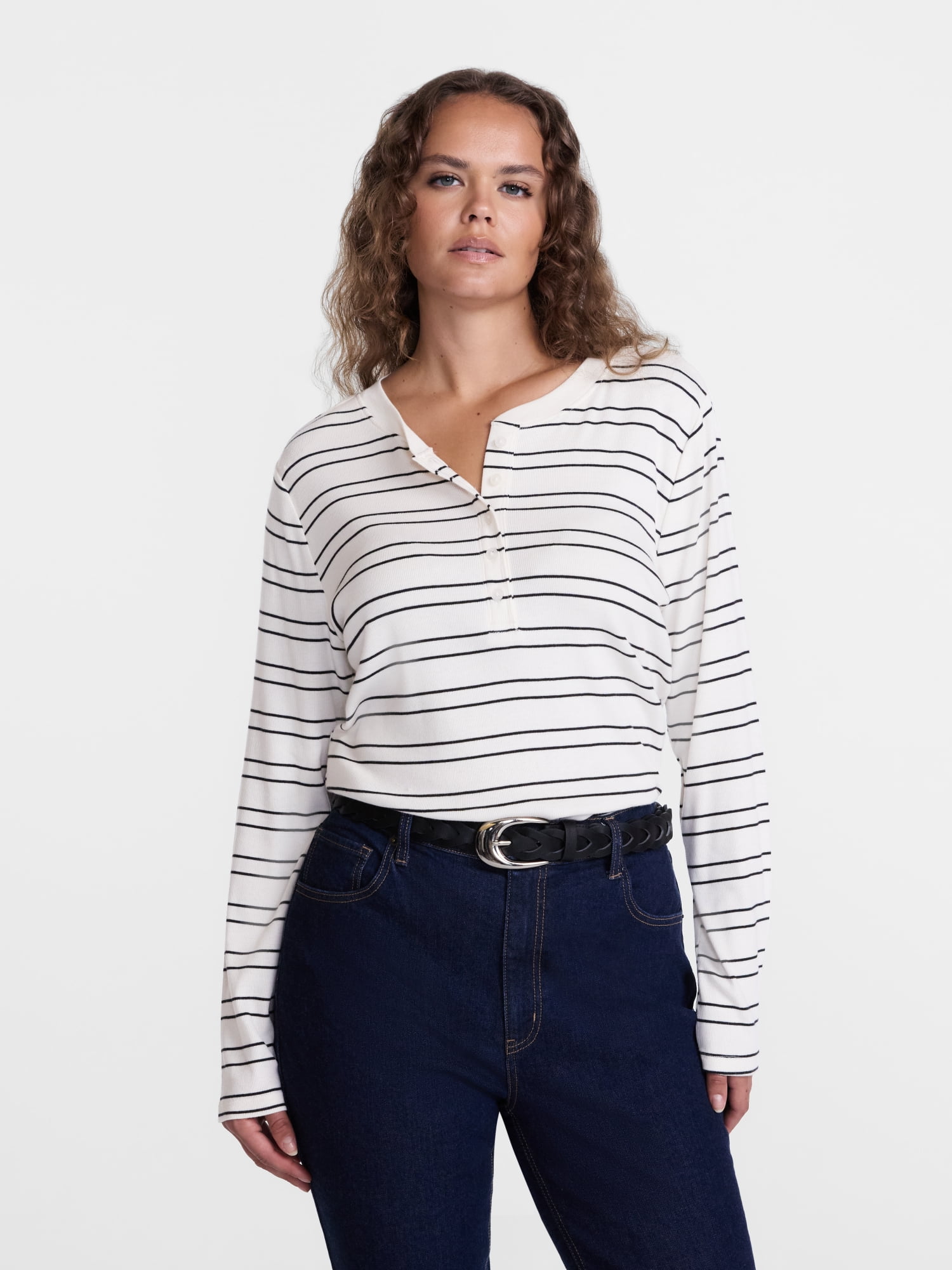 Scenario Women's and Women's Plus Rib Henley with Long Sleeves, Sizes XS-4X