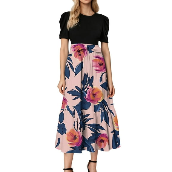 TQWQT Church Dresses for Women Short Sleeve Trendy Teacher Dress Floral Print Empire Waist Work T-Shirt Dress Fashion Modest Clothing Hot Pink M