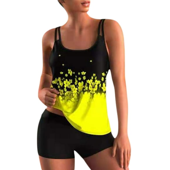 Sunloudy 2 piezas de traje de baño de verano para mujer, camisetas sin mangas acolchadas con tiras florales + traje de baño corto de color sólido para niñas, 6 colores Sunloudy  S M L XL XXL XXXL