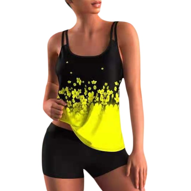Sunloudy 2 piezas de traje de baño de verano para mujer, camisetas sin mangas acolchadas con tiras florales + traje de baño corto de color sólido para niñas, 6 colores Sunloudy S M L XL XXL XXXL