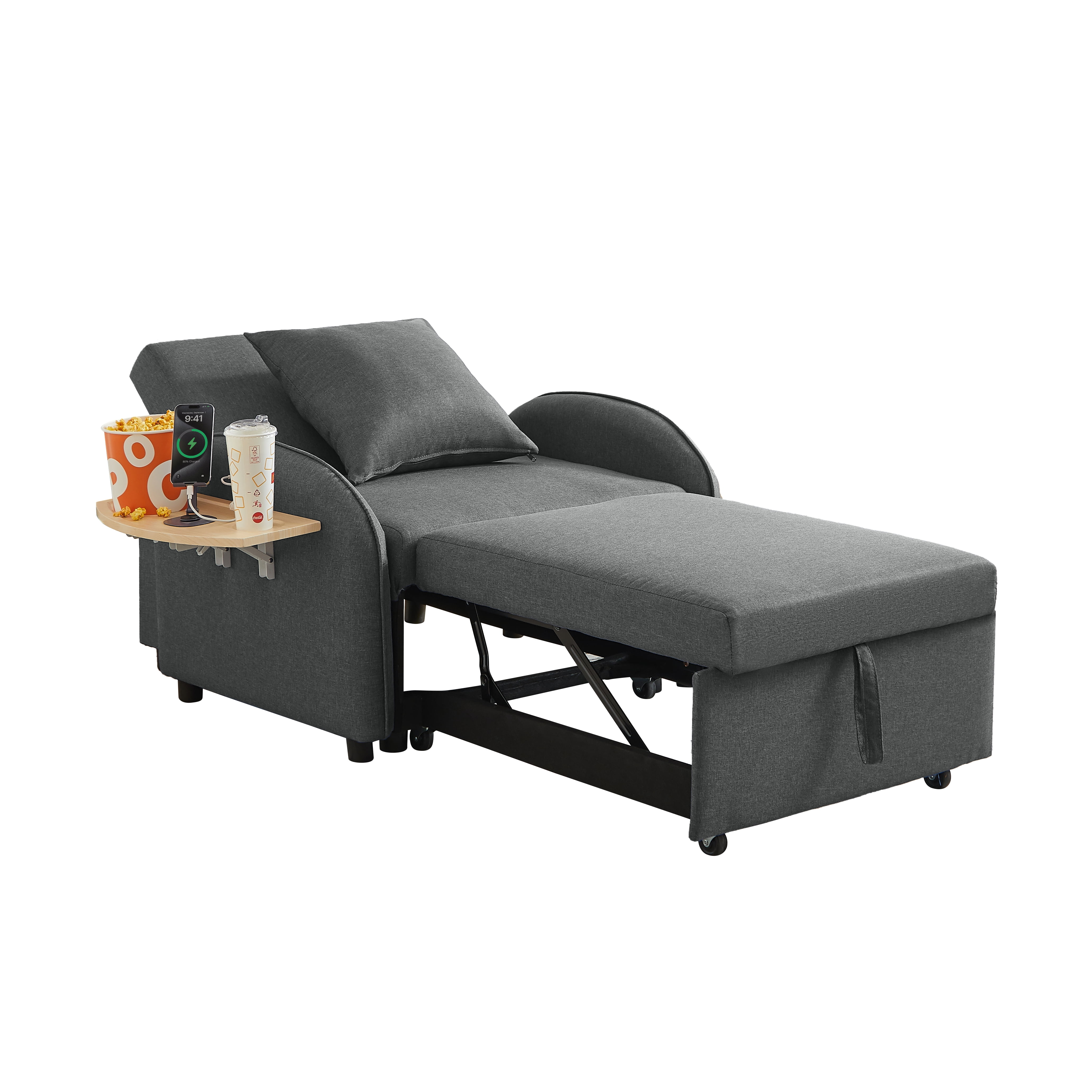 Leumius Convertible Sofa Chair Bed,3-in-1 Sleeper Sofa with Pull-Out Bed and USB Port,Foldable Table,Modern Linen Single Sofa Chair with Reclining Backrest for Living Room Small Space,Dark Gray