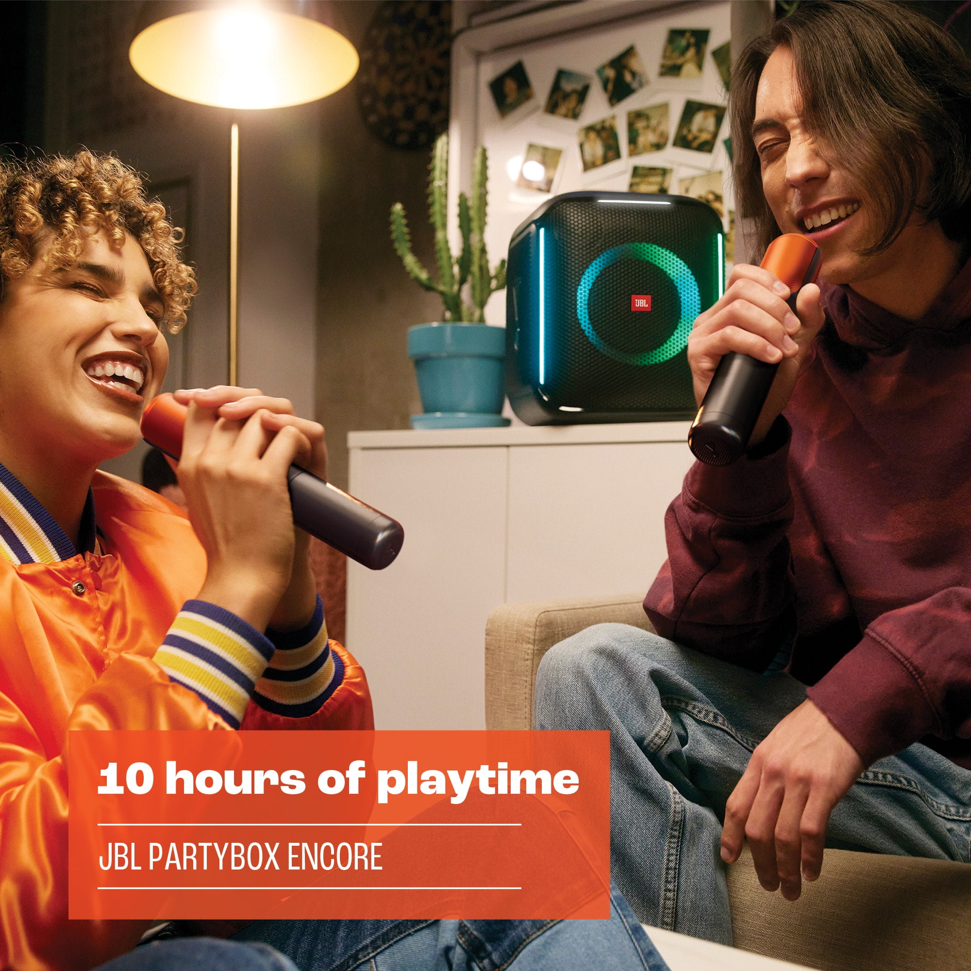 JBL PartyBox Encore - Portable party speaker with 100W powerful sound, built-in dynamic light show, included digital wireless mics, and splash proof design. - Black