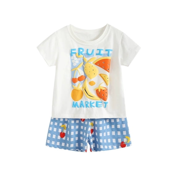 VNKIDY Boys Girls Kids 2 Piece Casual Outfit Short Sleeve Crewneck Fruits Applique TShirts Matching Checkered Loose Fit Shorts For Summer Casual Wear Blue 100