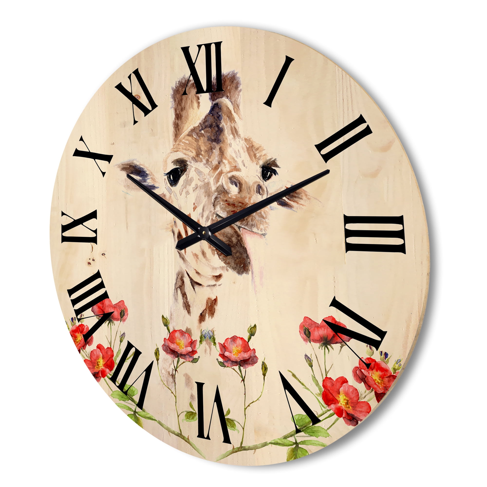 Designart 'Portrait of A Giraffe With Red Flowers I' Farmhouse Wood Wall Clock
