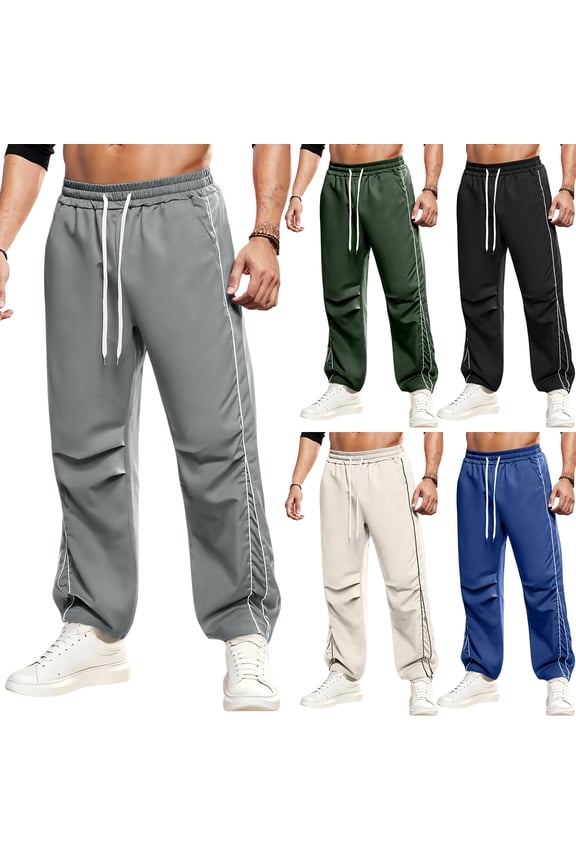 Track Pant Men Side Striped Baggy Wide Leg Parachute Pants Streetwear Elastic Waist Lounge Pants with Pockets Beige 2XL