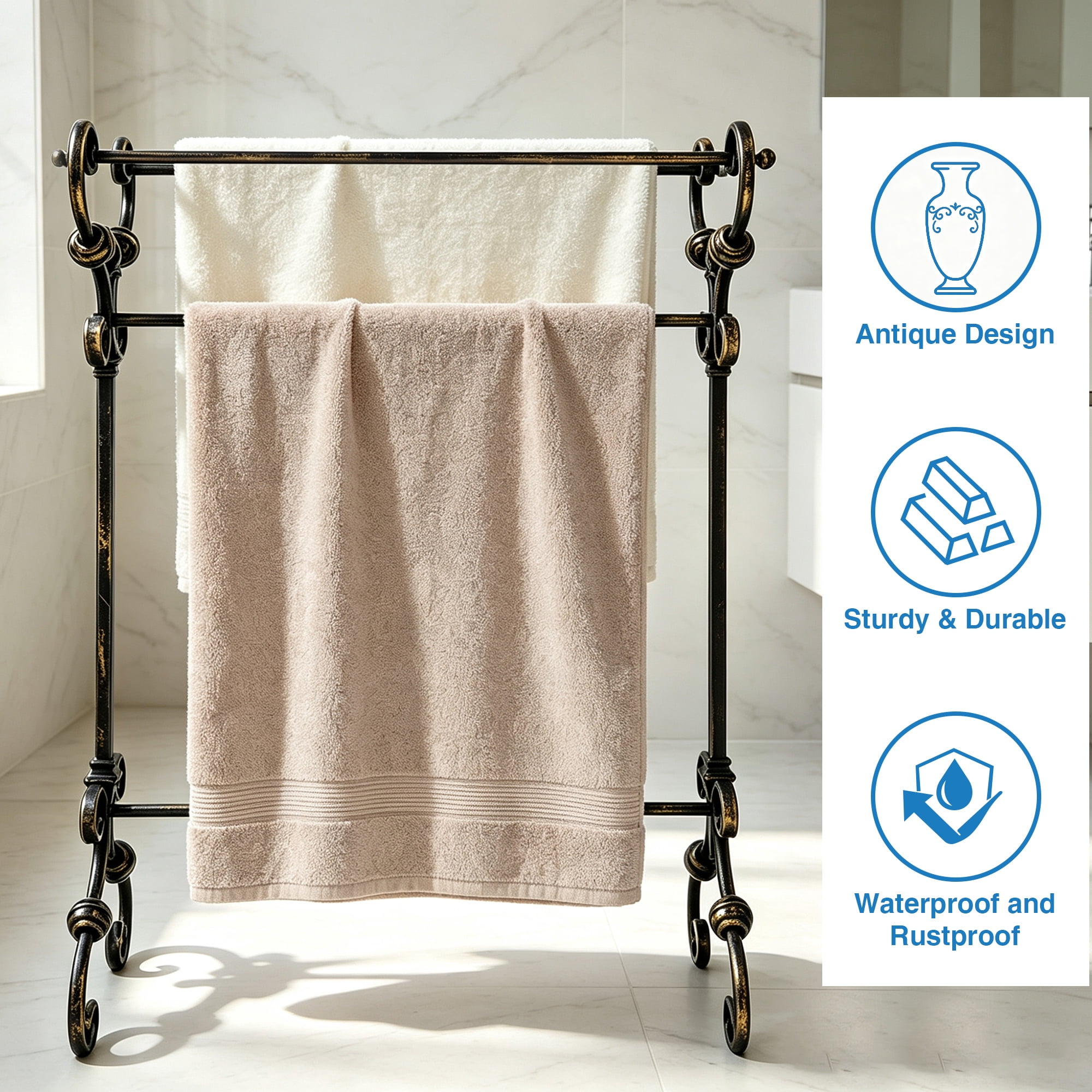 KOOL Antique Scroll Wrought Iron Freestanding Towel Rack, Free Standing Bathroom Towel Bar Stand, Rustproof Decorative Towel Drying Holder for Bathroom, Bedroom & Laundry Room