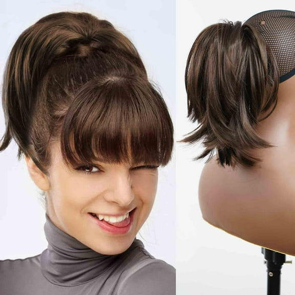 Wig with Bangs, Wigs for Women, Synthetic Wigs Ponytail Gradient Flufy Caught Short Straight Hair