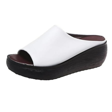 

XWQWJH Sandals Summer Comfortable Orthotic Leather Wedges Slides Dressy Platform Heel Arch Support Slip Sandals