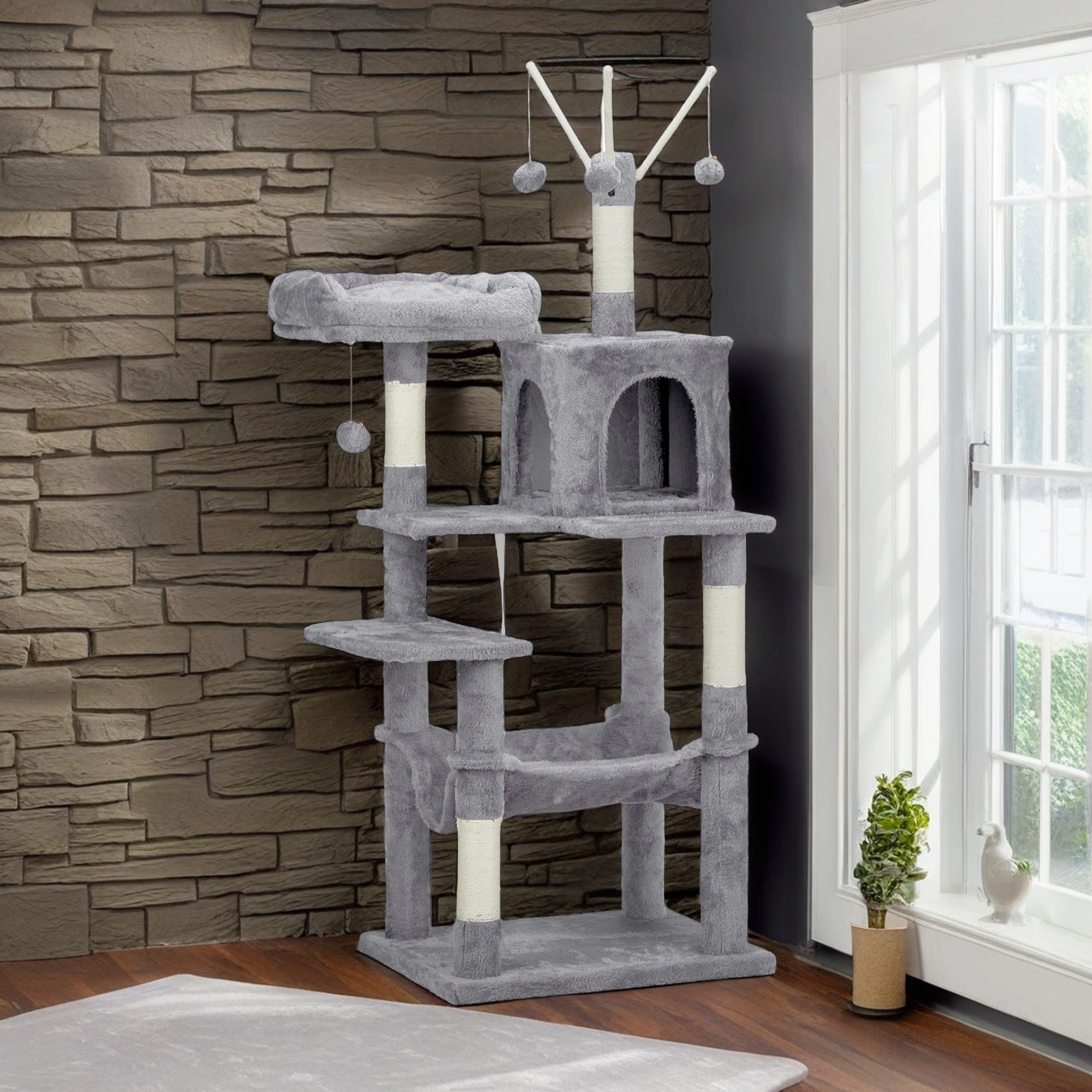 resenkos 58" Large Cat Tree Tower, Cat Tree House for Indoor Cats with Padded Platform Bed, Toy Balls, Cozy Condo and Sisal Scratching Posts, Light Gray