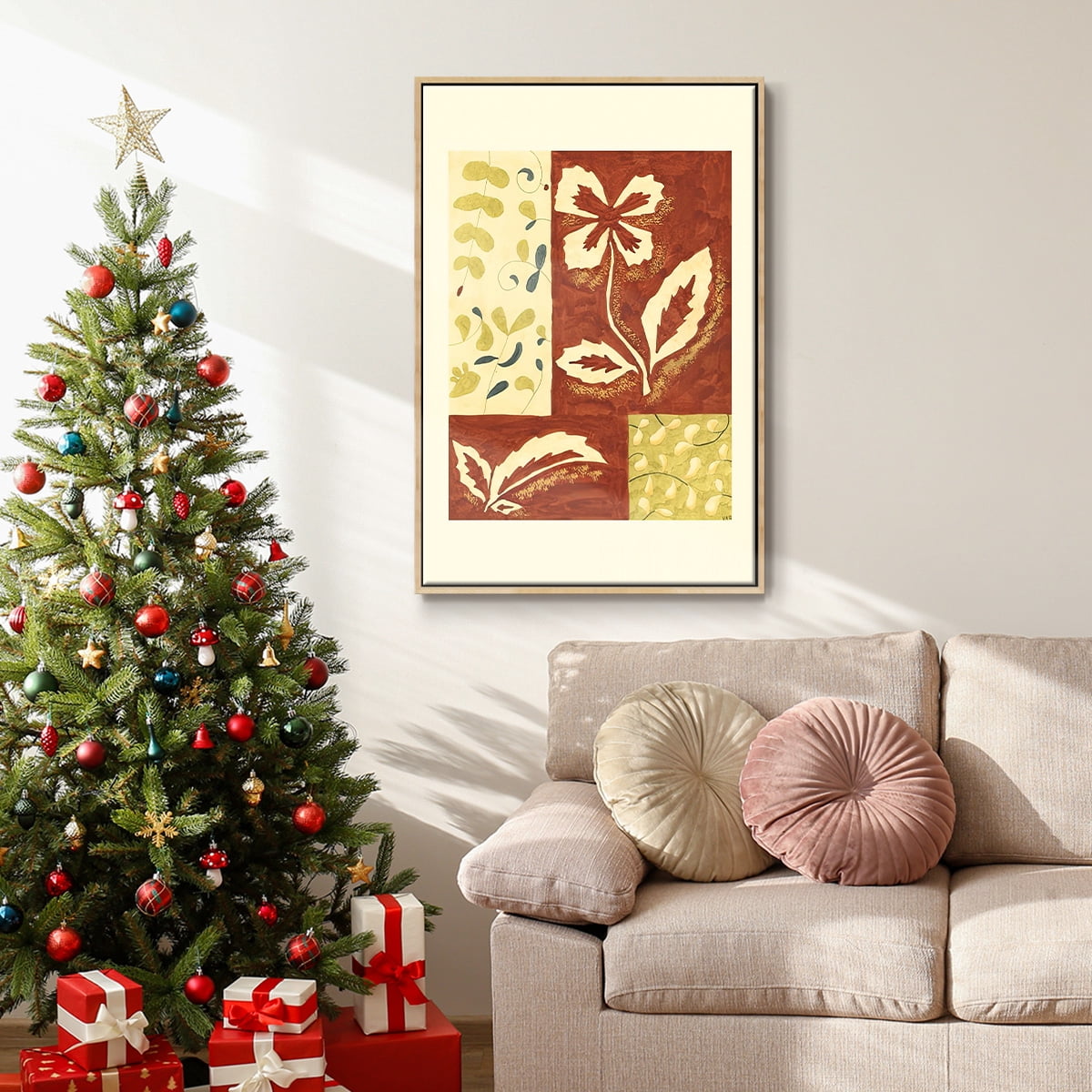 Festive Floral II - Framed Gallery Wrapped Holiday Canvas - 27 x 41 - Natural Wood Frame