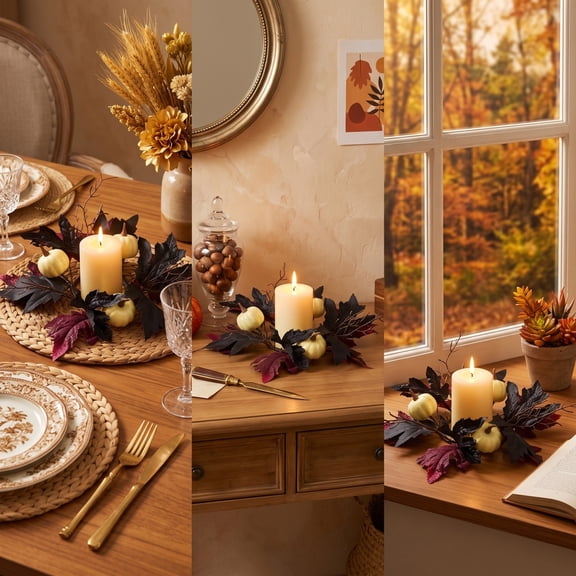 Fall Candle Rings Wreath Artificial Pumpkin Maple Leaf Thanksgiving Counter Centerpiece Fall Crop Decor
