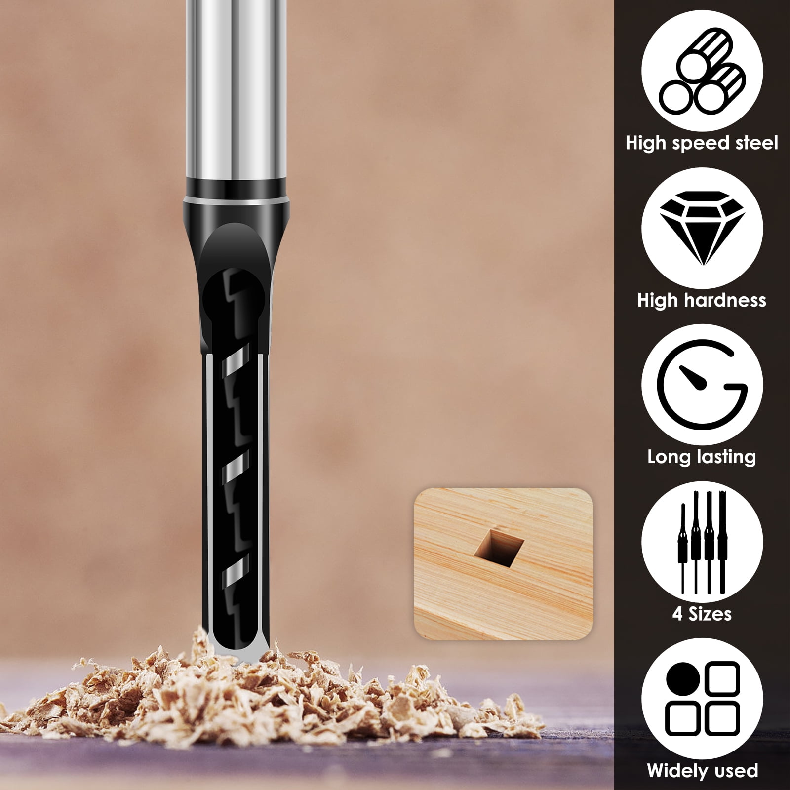 Square Hole Drill Bits 4 Pcs High Speed Steel Mortising Chisel (asshown )