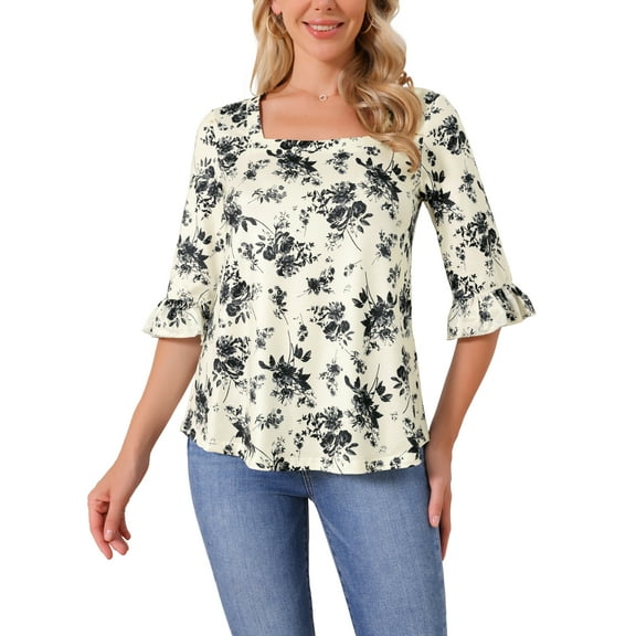INSPIRE CHIC Women's Top Fall Floral Casual Square Neck Ruffle 3/4 Sleeve Tunic Top S Beige