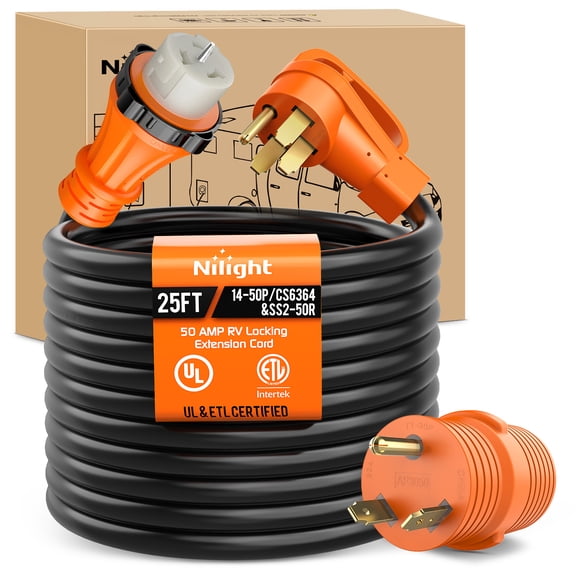 Nilight 50 Amp 50FT RV Locking Extension Cord with Adapter 30Amp to 50Amp 250V Heavy Duty 6/3 8/1 Gauge Pure Copper STW Wire ETL Listed 4 Prong 14-50P SS2-50R 50F/50M Cable Suit for Campers Caravan