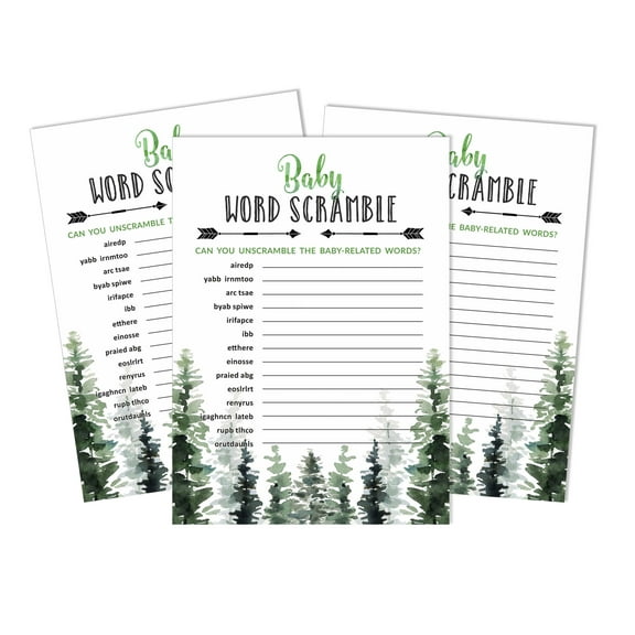 Inkdotpot 50-PackBaby WordScrambleBaby ShowerGame Cards Greatest Adventure Greenery Party Supplies-Fun Baby Shower Game Favors