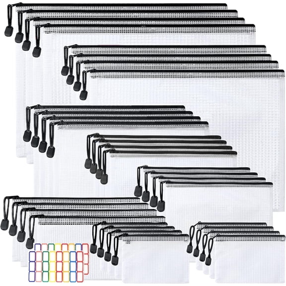32Pcs Mesh Zipper Pouch,Waterproof Zipper Bags,8 Sizes Plastic Zipper Pouches,Multipurpose Zipper File Bags Document Pouch for Office School Supplies Home Organizing and Travel Storage Black