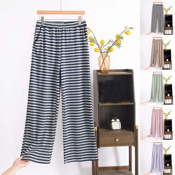 Qetyuw Plus Size Pajama Pants Women Soft Long Sleep Pants Striped Pjs Elastic Waist Lightweight Comfy Sleep Pants with Pocket