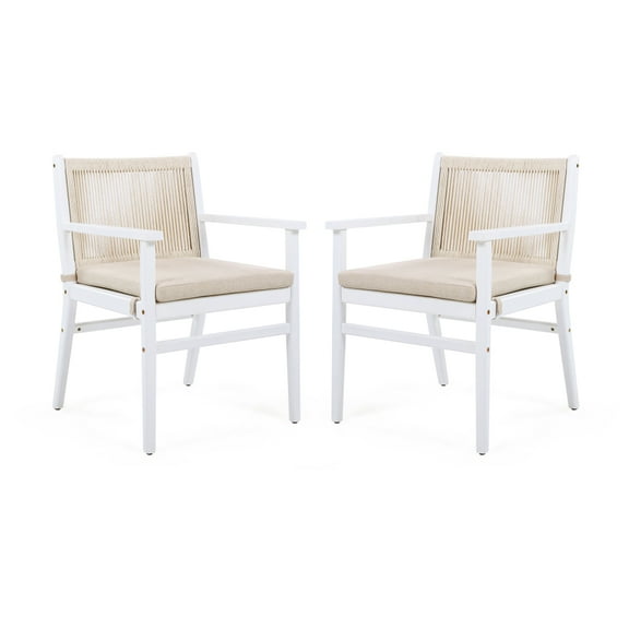 Outdoor Dining Chairs Set of 2, Acacia Wood Patio Armchair with Rope Design Back and Water Repellent Cushion, White Frame, 400lbs Weight Capacity