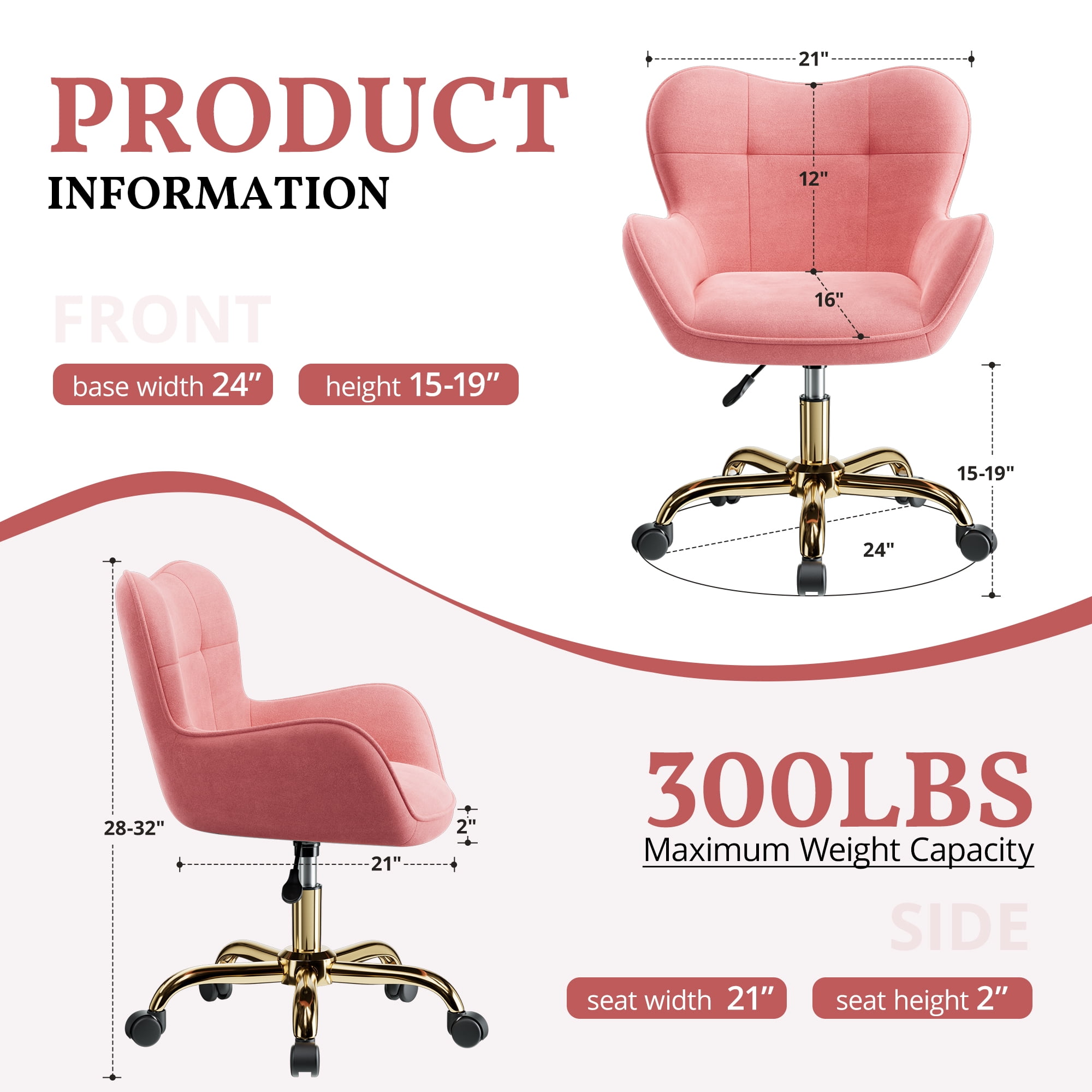 Primy Vanity Chair with Wheels, Home Office Chair Cute Makeup Desk Chairs Adjustable Height for Bedroom, Modern Accent Chair with Back