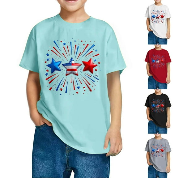 CFLVAEK Kids 4th of July Patriotic Shirts Funny Stars Stripes Graphic Tees Loose Fit Crewneck Short Sleeve Cotton T Shirts Indenpendence Day Tshirts 7 Years