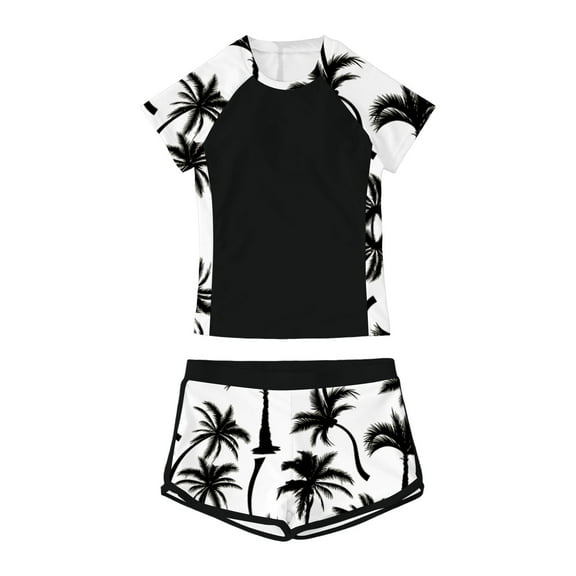 Tfken Toddler Child Girls Swimsuit Short Sleeve Hawaii Print Bathing Suit Slim Soft Black Two-Piece Sets Size 9-10 Years