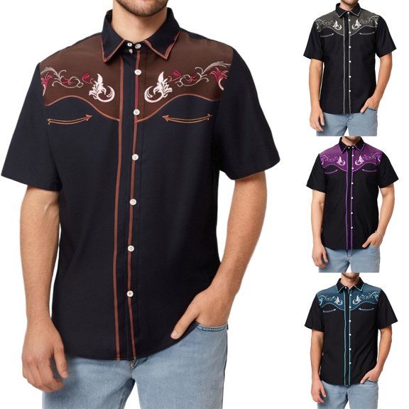 Mens Shirts Short Sleeve 3D Western Cowboy Print Lapel Casual Summer Shirt Blue L