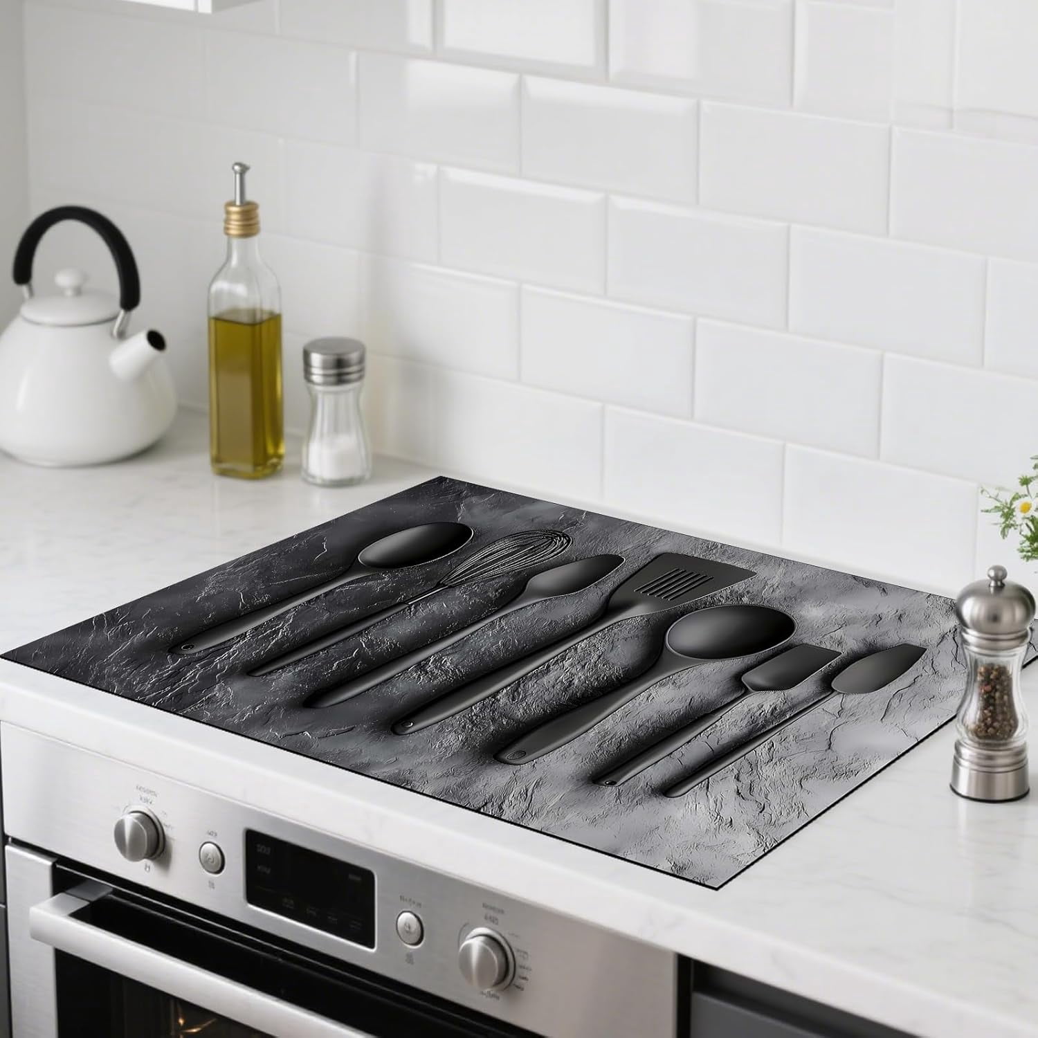 Stove Top Cover Polyester & Diatom Mud Blend 28.35×20.47inches (Black Kitchen Utensils Design) Stove Top Cover for Kitchen, Perfect for Cooking Enthusiasts,Home Decor