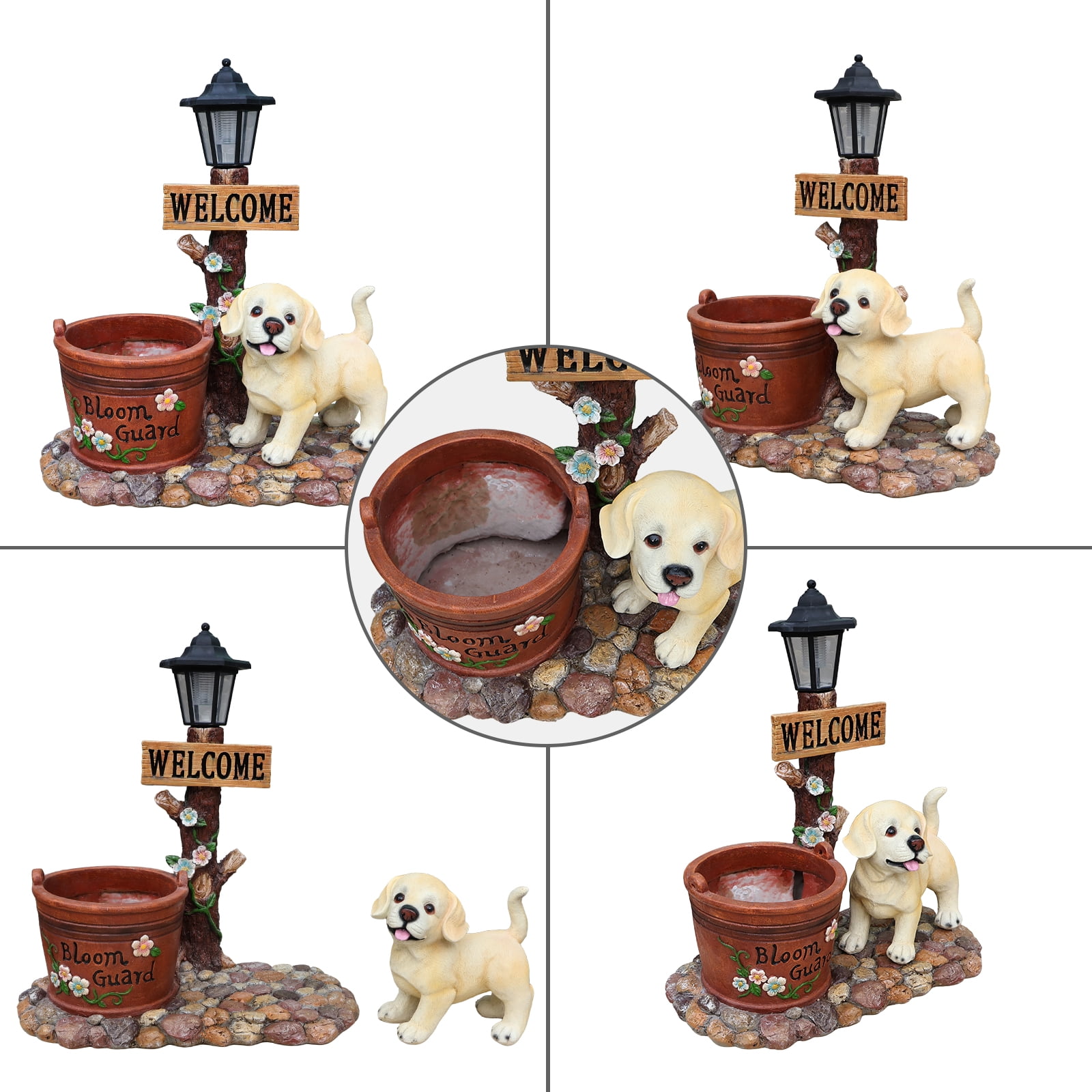 18.9'' Solar Labrador Puppy Solar Planter Garden Statue with LED Light,Outdoor Decorative Animal Figurines,8-10 Hour Working Time,Floral Basket Design,Lawn Yard Decor,Brown
