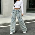 thumbnail image 4 of Women's Wide Leg Denim Jeans, High‑rise Button‑Zip Fly, Pocket Strap Accent, Panel‑Seam Craft, Oversized Baggy Fit, Acid‑wash Denim Street‑wear Daily Outfits, Womens Baggy Jeans Light Blue XXXXL, 4 of 9