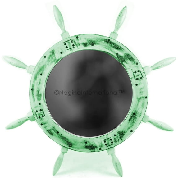 Wooden Ship Wheel Mirror (Wires & Screws) (30 Inches, Rustic Green)