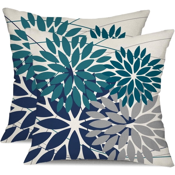 Outdoor Pillow Covers 16x16 Inch Set of 2 Dark Blue Grey Flower Decorative Waterproof Summer Outdoor Pillow Covers for Patio Funiture Garden Couch 168L16