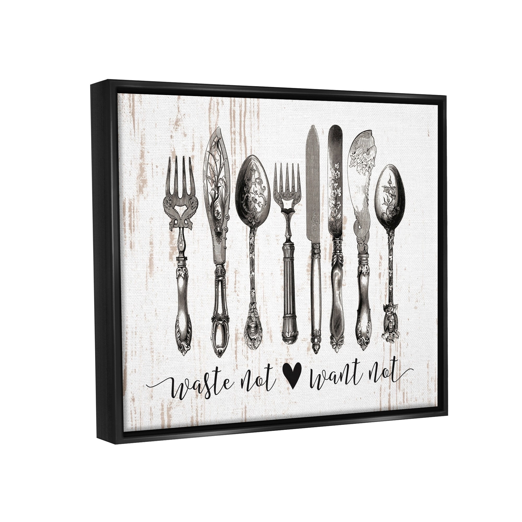 Stupell Industries Waste Not Want Not Silverware Drawing Jet Black Framed Floating Canvas Wall Art, 24x30, by Lettered and Lined