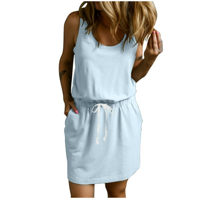 Yuyuzo Robes pour Femmes Sans Manches Col Rond Robe d'Été à Cordon Élastique Taille Mini Robe d'Été avec Poches