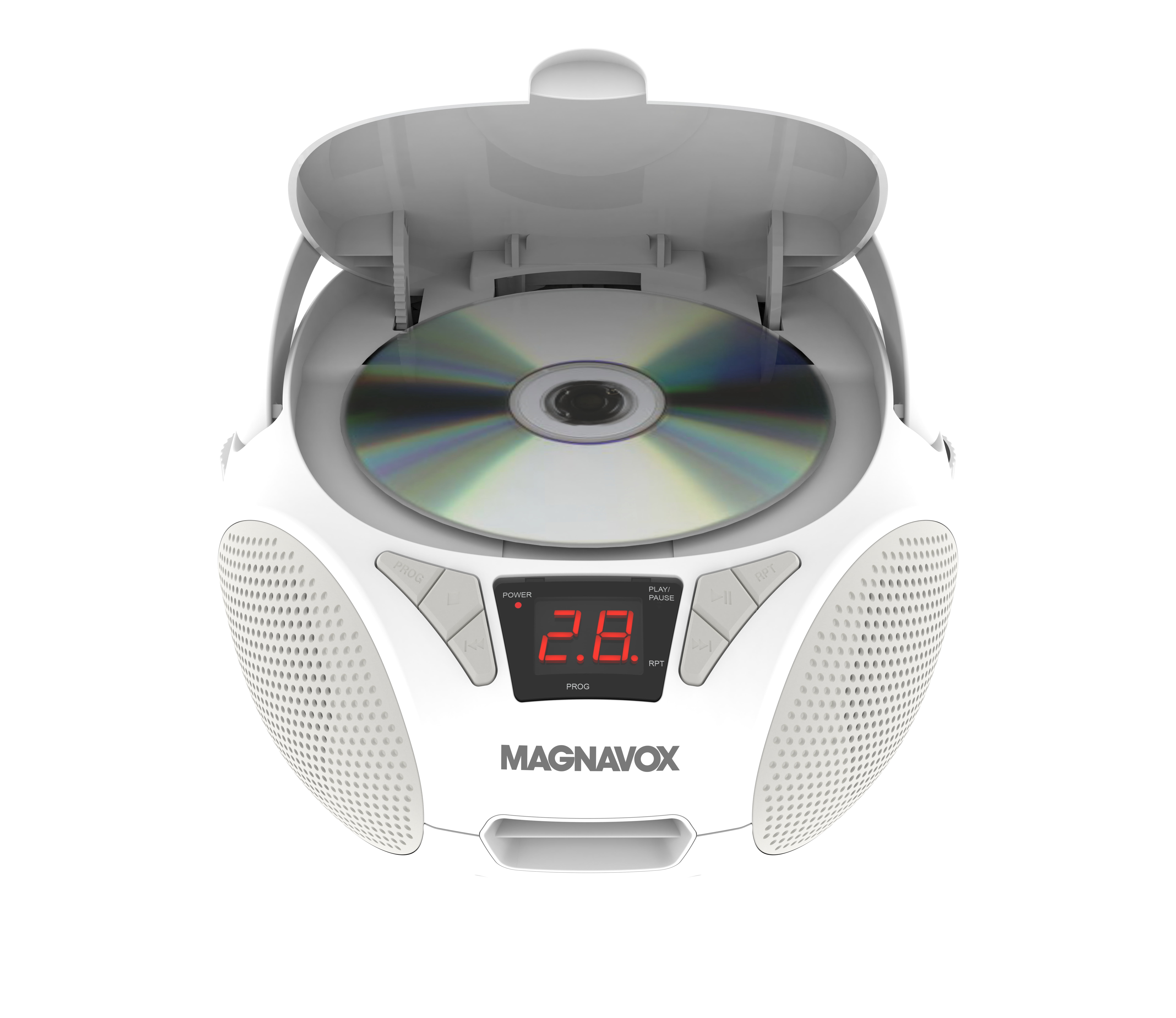 Magnavox Portable CD Boombox with FM Stereo Radio, Top-Loading CD Player, AUX Input, LED Display, AC/DC Power, Battery Operated Boombox, White
