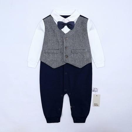 

DENGDENG Unisex-Baby Bow Tie Solid Romper Long-Sleeve Gentleman Romper Summer Full Infant Clothes 0-24M