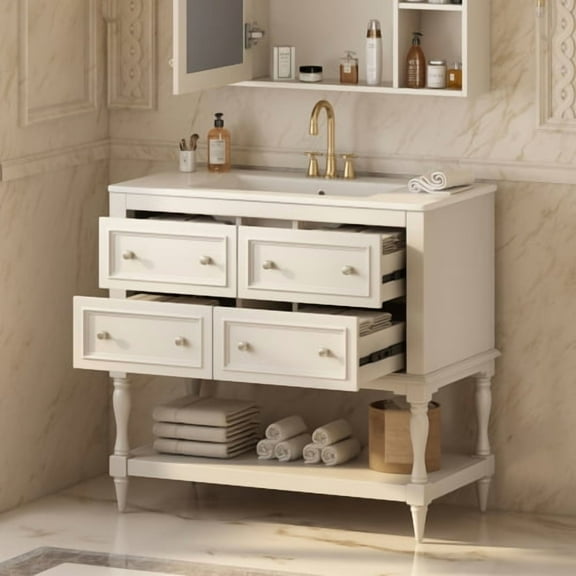 36" Bathroom Vanity with Undermount Ceramic Sink, Solid Wood & MDF Cabinet, 4 Drawers & Adjustable Shelf, Beige Freestanding Vanity Set