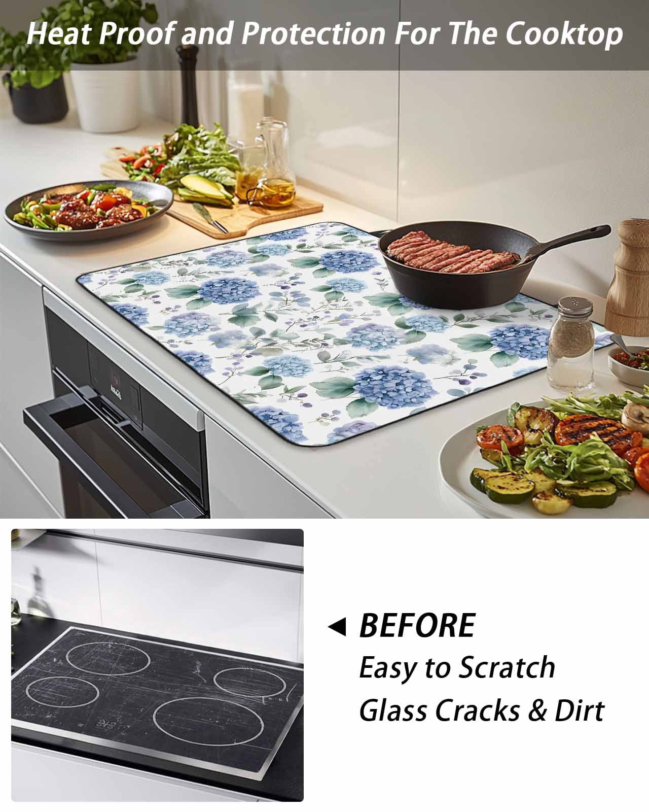 Stove Top Covers for Electric Stove, Blue Spring Floral Glass Stovetop Cover Protector, Watercolor Botanical Elegant Induction Cooktop Protector Oven Mat for Kitchen Countertop 24"x21"