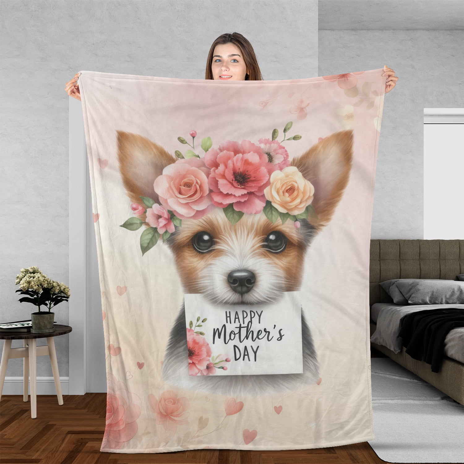 Happy Mother's Day Toy Fox Terrier with Flower Crown and Greeting Card Cozy Fleece Blanket Dog Lover Warm Soft Throw Blanket - 13004
