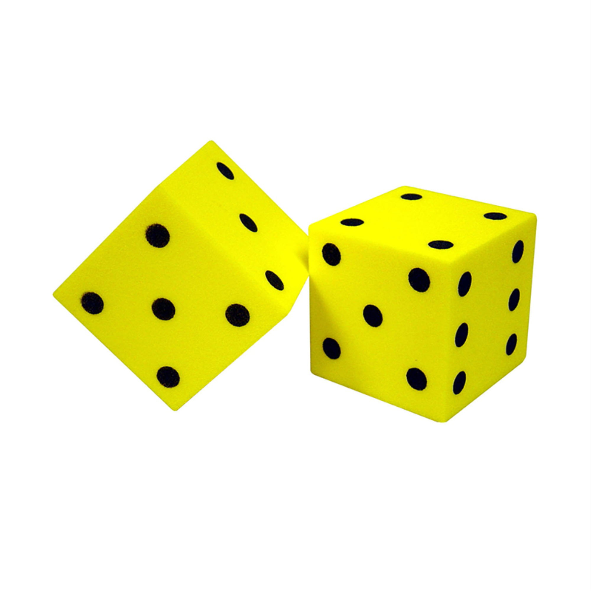 Pack of 2 50mm D6 Round Foam Dice Numbered 1 to 6 Yellow with Black Numbers 
