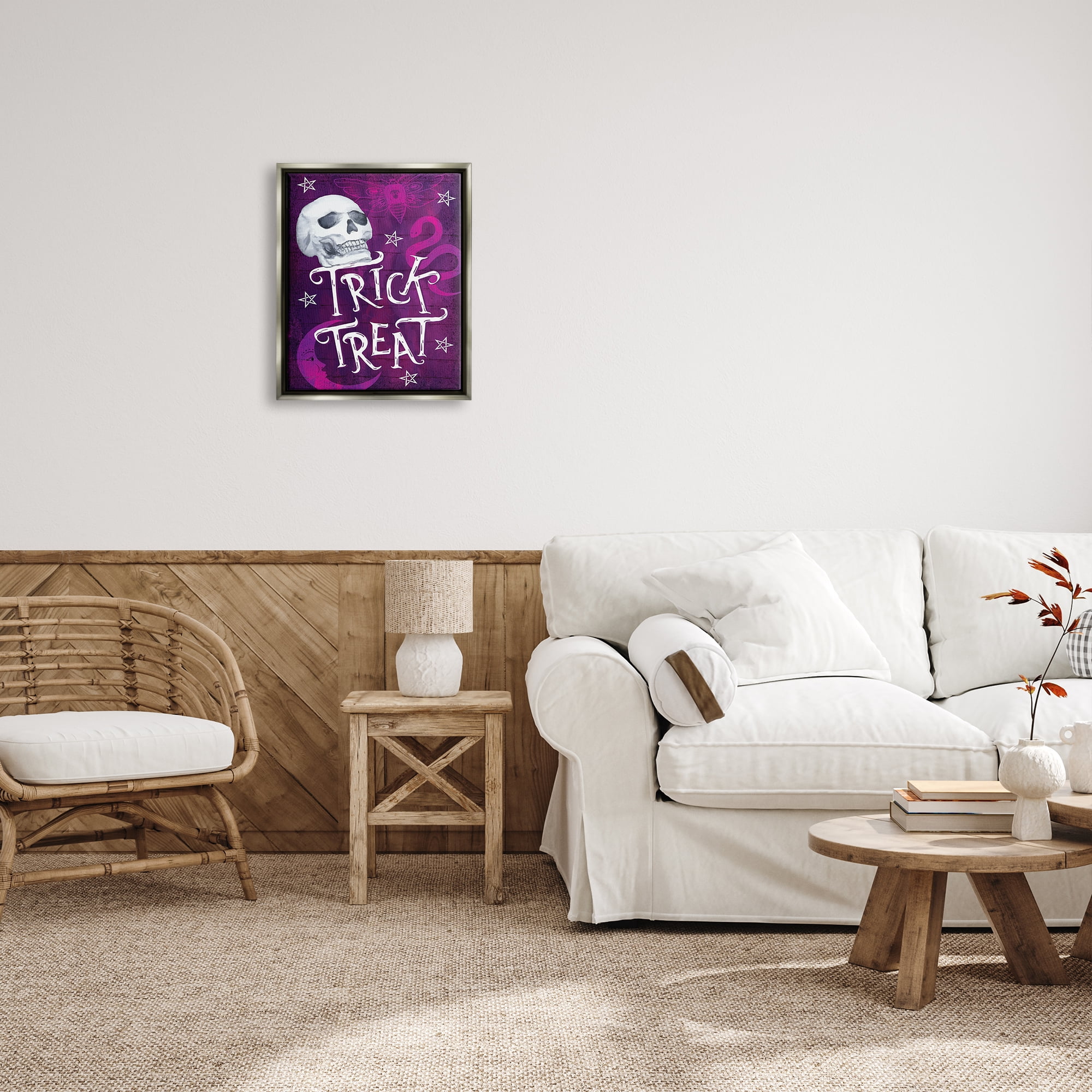 Stupell Industries Trick or Treat Purple Halloween Holiday Painting Gray Floater Framed Art Print Wall Art