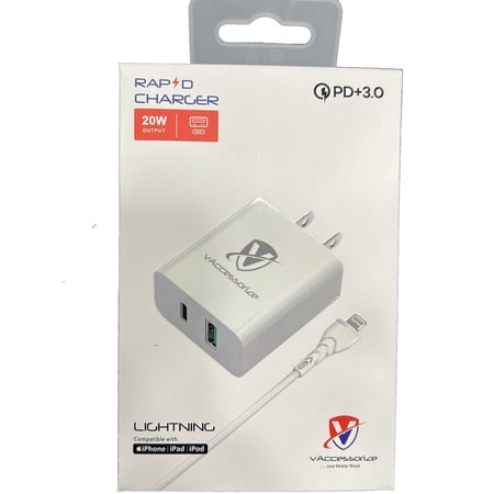 Vaccessorize Dual USB A and USB C Travel Home Charger with Fast Charging Type C Cable(1 Pack)
