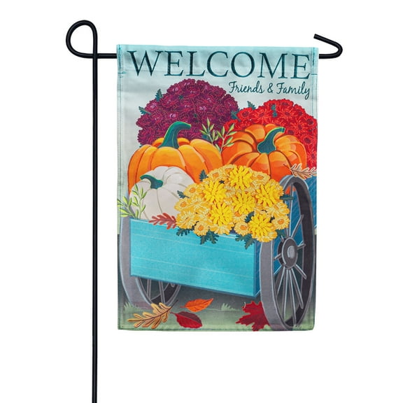 Flowers and Pumpkin Wagon Garden Linen Flag