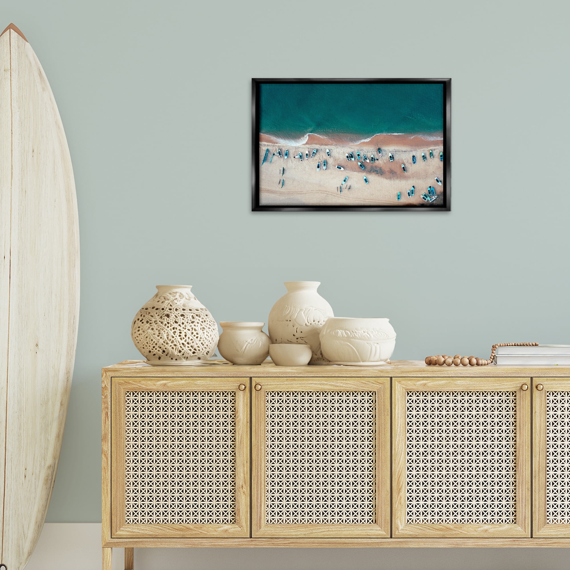 Stupell Industries Aerial Boats on Shore Nautical & Beach Photography Black Floater Framed Canvas Art Print Wall Art, 25 x 17