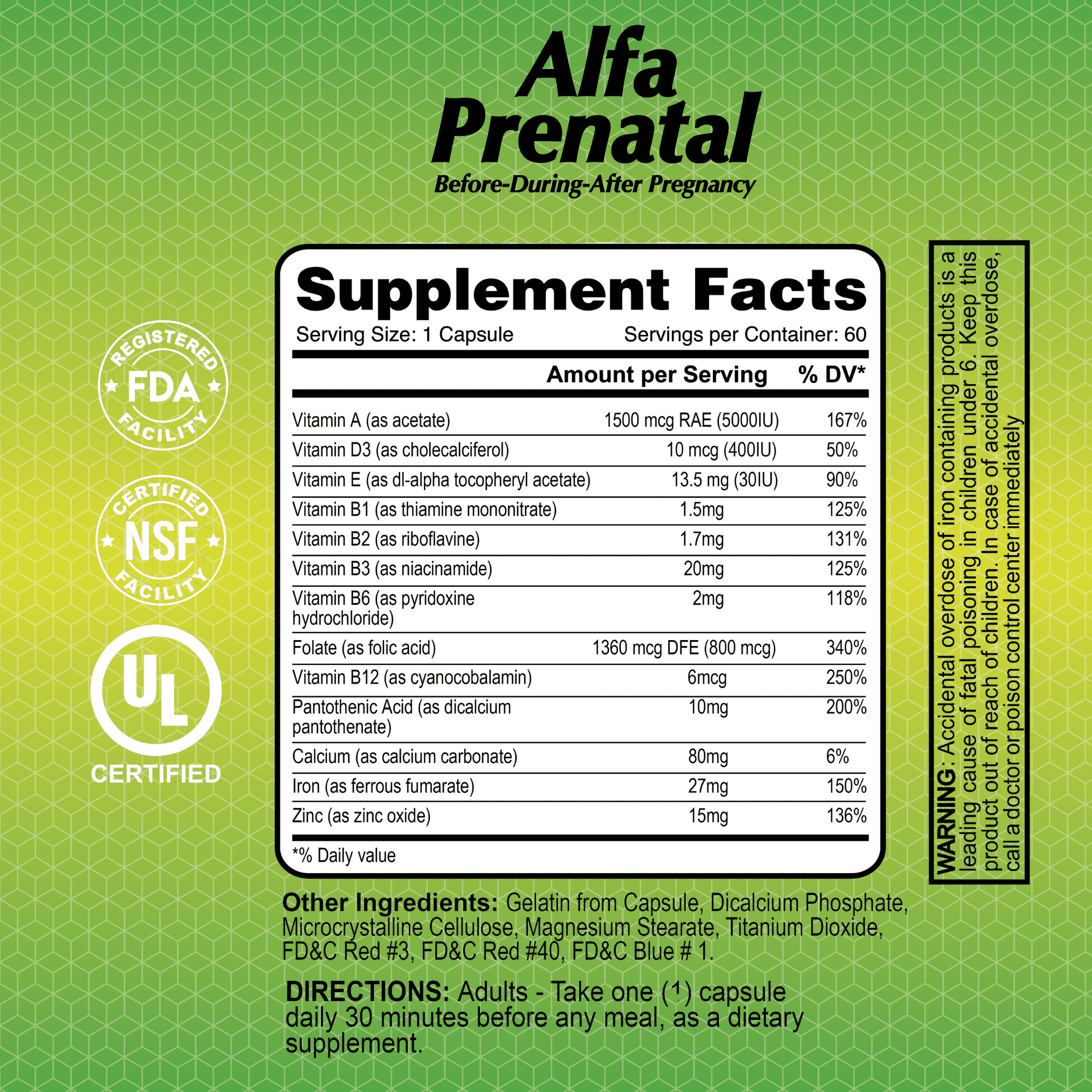 Alfa-Prenatal Tablets - Pregnancy Vitamins and Minerals - Contains high in folic Acid and Iron - Supports a Healthy Pregnancy - Before or After Pregnancy - 60 Tablets