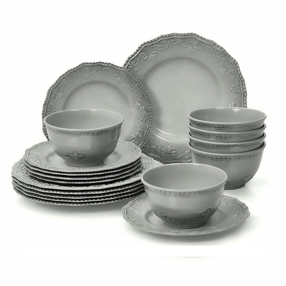 Tp Juego De Vajilla De 18 Piezas, Vajilla De Melamina Con Tazones Y Platos De Ensalada, Servicio Liviano Irrompible Para 6 (Gris)