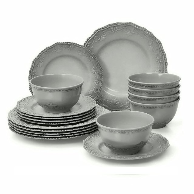 Tp Juego De Vajilla De 18 Piezas, Vajilla De Melamina Con Tazones Y Platos De Ensalada, Servicio Liviano Irrompible Para 6 (Gris)