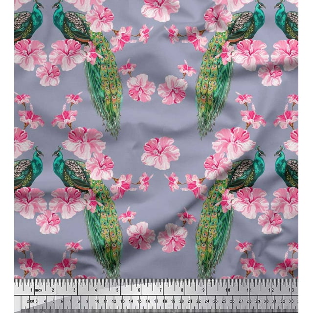 Soimoi Rayon Crepe Fabric Floral & Peacock Bird Fabric Prints by Yard 46 Inch Wide